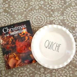Rae Dunn quiche/pie plate with vintage cookbook